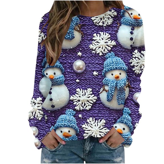 qucoqpe Womens Christmas Crewneck Sweatshirt Long Sleeve Graphic Printing Pullover Sweater Shirts for Women