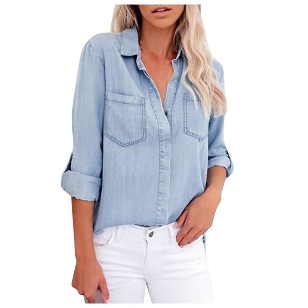 qucoqpe Womens Classic Denim Blouse Roll Up Long Sleeve Collared Button ...