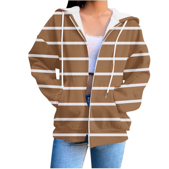 qucoqpe Womens Classic Long Sleeve Hooded Sweatshirt Jacket Trendy Striped Print Zip Hoodie Oversized Pullover Blouse Top with Front Pocket