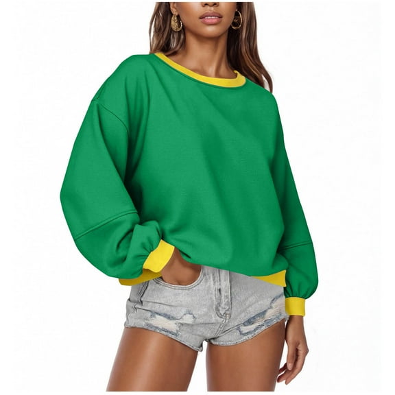qucoqpe Womens Colorblock Crewneck Sweatshirt Stylish Contrast Trim Long Sleeve Pullover Soft Breathable Casual BLouse Top for Everyday Wear