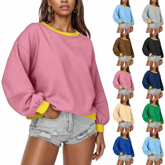 qucoqpe Womens Colorblock Crewneck Sweatshirt Stylish Contrast Trim Long Sleeve Pullover Soft Breathable Casual BLouse Top for Everyday Wear