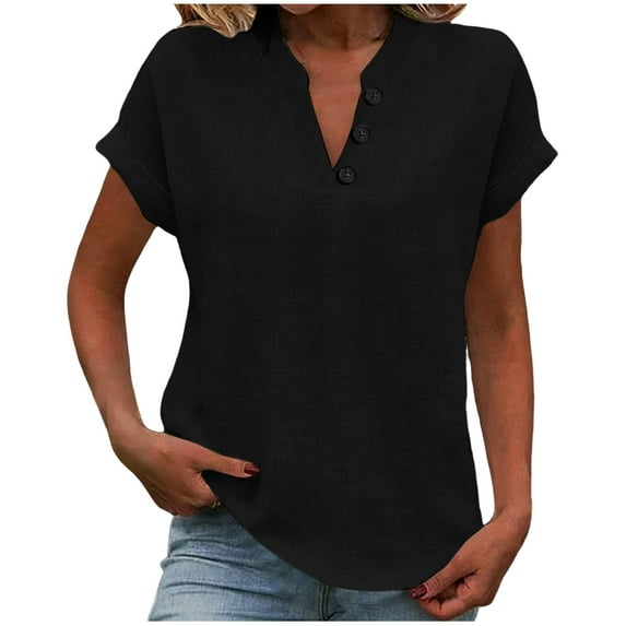 qucoqpe Womens Cotton Linen Tops Loose Fit Short Sleeve Plus Size Tunic Shirts Summer Button V Neck Casual Dressy Blouses Black XL