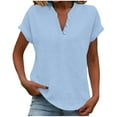 thumbnail image 1 of qucoqpe Womens Cotton Linen Tops Loose Fit Short Sleeve Plus Size Tunic Shirts Summer Button V Neck Casual Dressy Blouses Light Blue L, 1 of 7