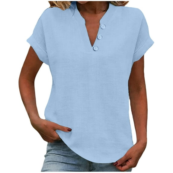 qucoqpe Womens Cotton Linen Tops Loose Fit Short Sleeve Plus Size Tunic Shirts Summer Button V Neck Casual Dressy Blouses Light Blue L