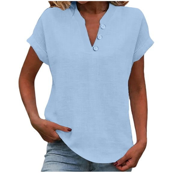 qucoqpe Womens Cotton Linen Tops Loose Fit Short Sleeve Plus Size Tunic Shirts Summer Button V Neck Casual Dressy Blouses Light Blue M