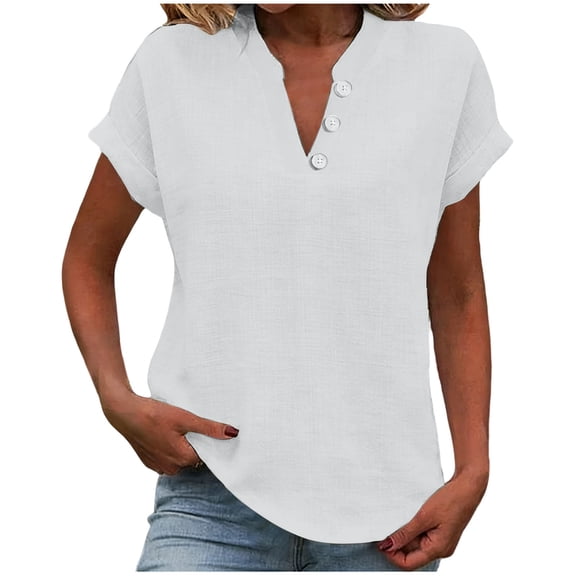 qucoqpe Linen Shirts for Women Summer V Neck Button Short Sleeve Tops Fashion Casual Loose Tunic Blouses