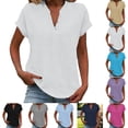 thumbnail image 1 of qucoqpe Womens Cotton Linen Tops Loose Fit Short Sleeve Plus Size Tunic Shirts Summer Button V Neck Casual Dressy Blouses White XL, 1 of 7