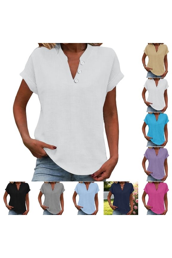 Womens Cotton Linen Tops Loose Fit Short Sleeve Plus Size Tunic Shirts Summer Button V Neck Casual Dressy Blouses White XL