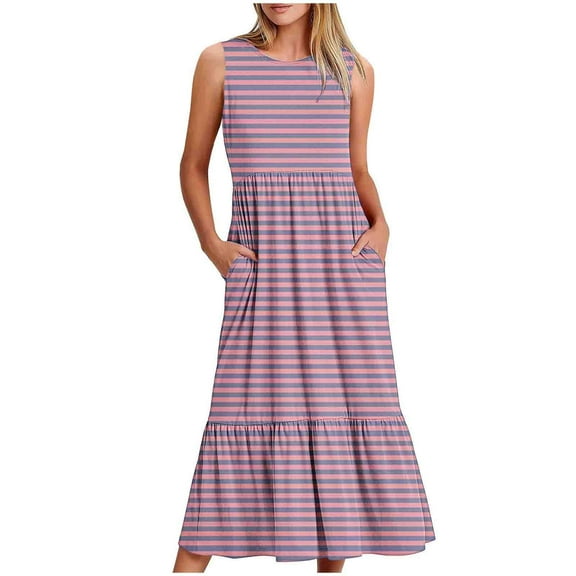qucoqpe Womens Crew Neck Sleeveless Sundress Summer Tiered Ruffle Flowy Long Dress Casual Striped Holiday Beach Dress with Pockets