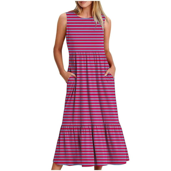 qucoqpe Womens Crew Neck Sleeveless Sundress Summer Tiered Ruffle Flowy Long Dress Casual Striped Holiday Beach Dress with Pockets