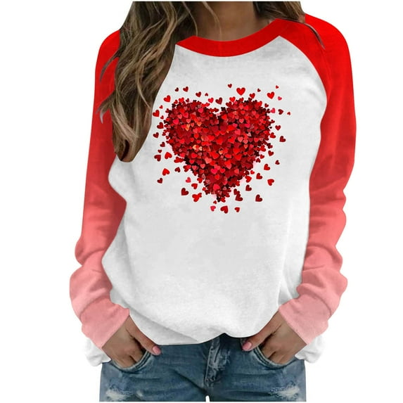 qucoqpe Womens Crewneck Sweatshirt Casual Loose Pullover Tops Love Heart Graphic Shirts Valentine's Day Gifts