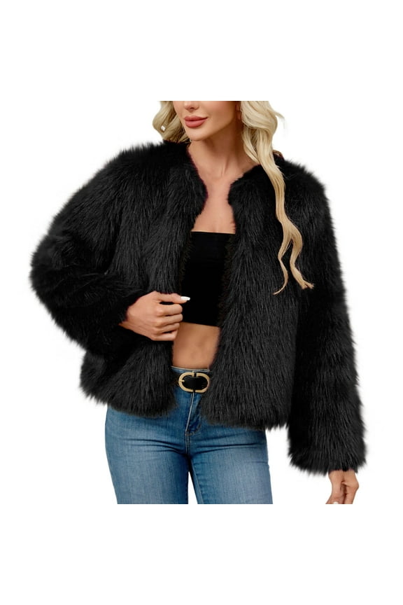 Womens Cropped Faux Furry Jackets Fashion Elegant Long Sleeve Open Front Plushy Coat Lightweight Comfy Winter Clothing for Women