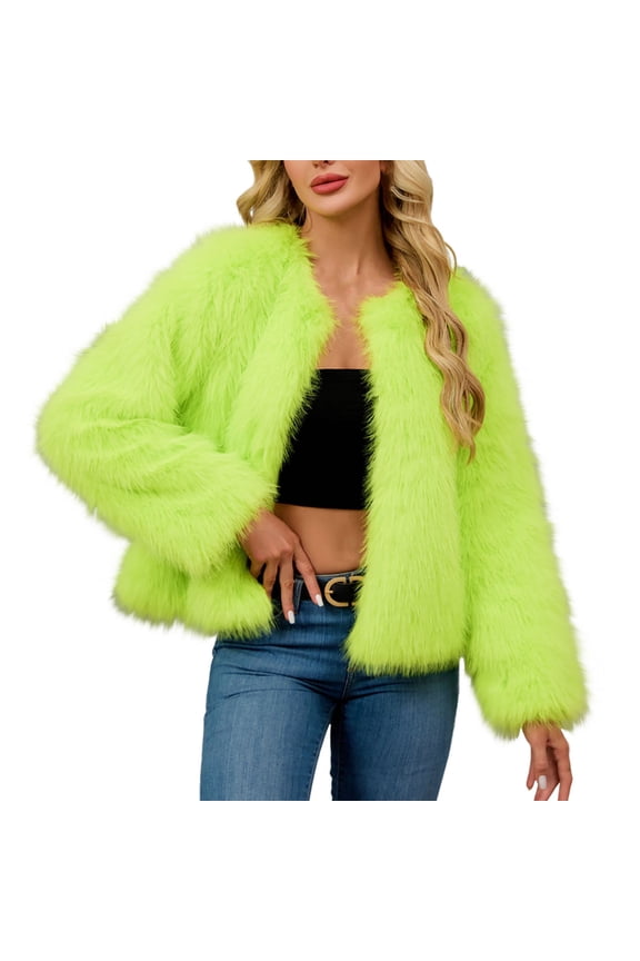 Womens Cropped Faux Furry Jackets Fashion Elegant Long Sleeve Open Front Plushy Coat Lightweight Comfy Winter Clothing for Women