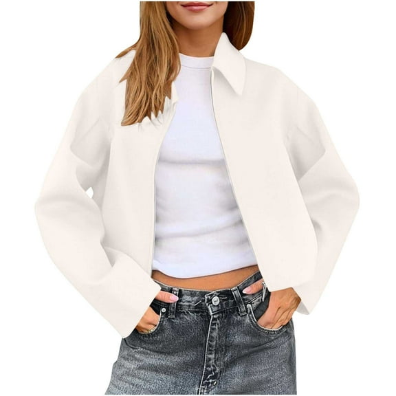 qucoqpe Womens Cropped Zip Up Pea Coats Fall Winter Casual Long Sleeve Lapel Trench Coat Jacket