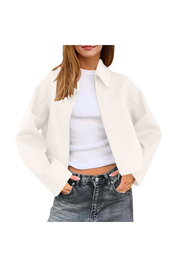 Womens Cropped Zip Up Pea Coats Fall Winter Casual Long Sleeve Lapel Trench Coat Jacket