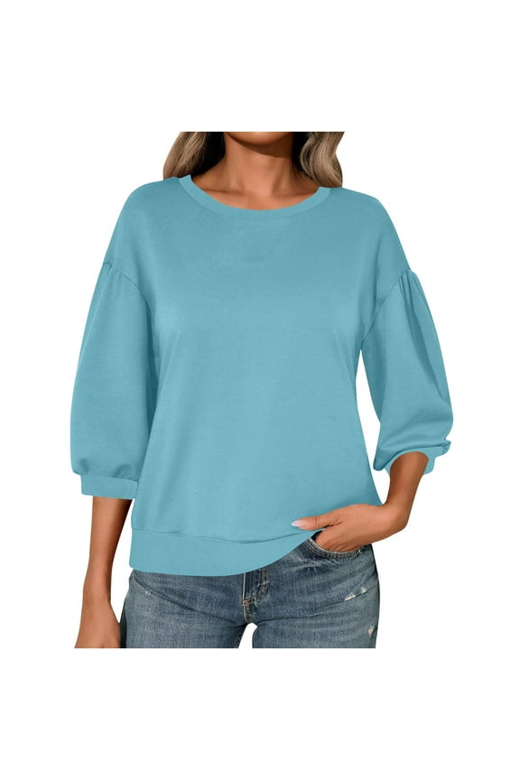 Womens Drop Shoulder 3/4 Sleeve Sweatshirts Trendy Casual Solid Crewneck Croped Blouse Top for Everyday Wear