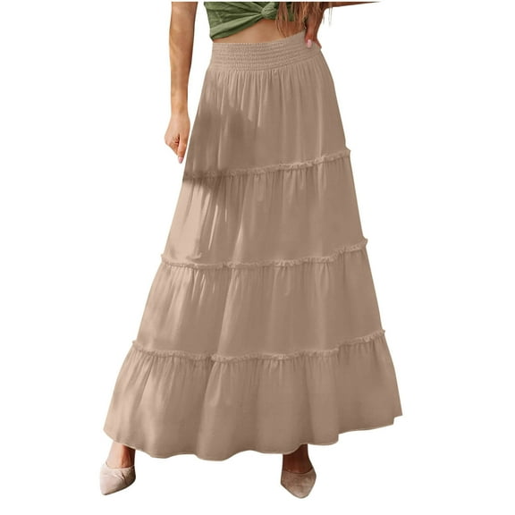 qucoqpe Womens Elastic Waist Maxi Skirt Summer Casual Pleated Flowy A Line Beach Long Skirt Ruffle Boho Skirt