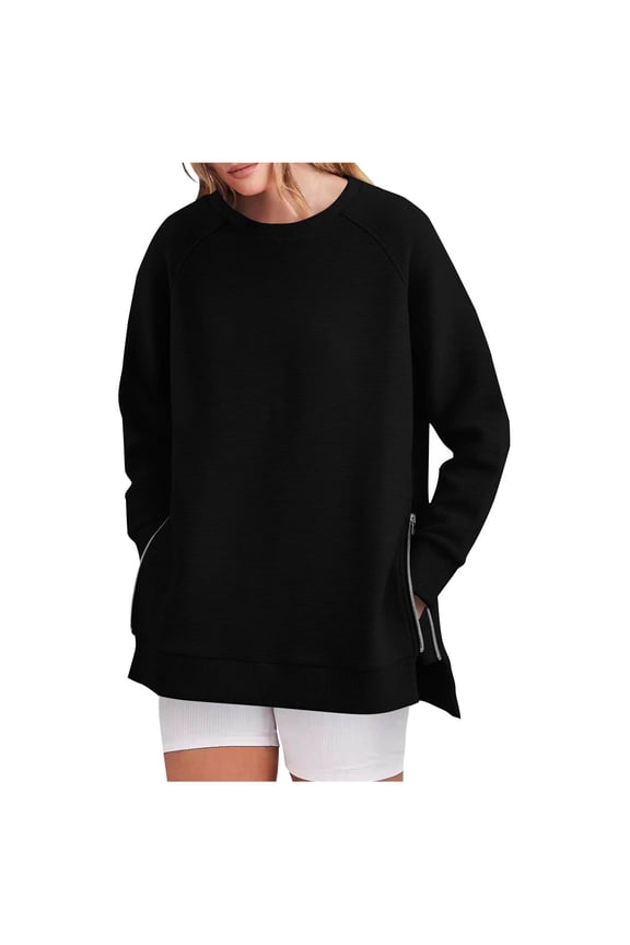 Womens Fall Crewneck Sweatshirt Casual Fashion Side Split Long Sleeve Pullver Tops