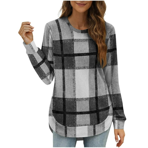qucoqpe Womens Fall Fashion Plaid Print Tops Loose Fit Crewneck Long Sleeve Shirts Trendy Tunic Blouse for Women