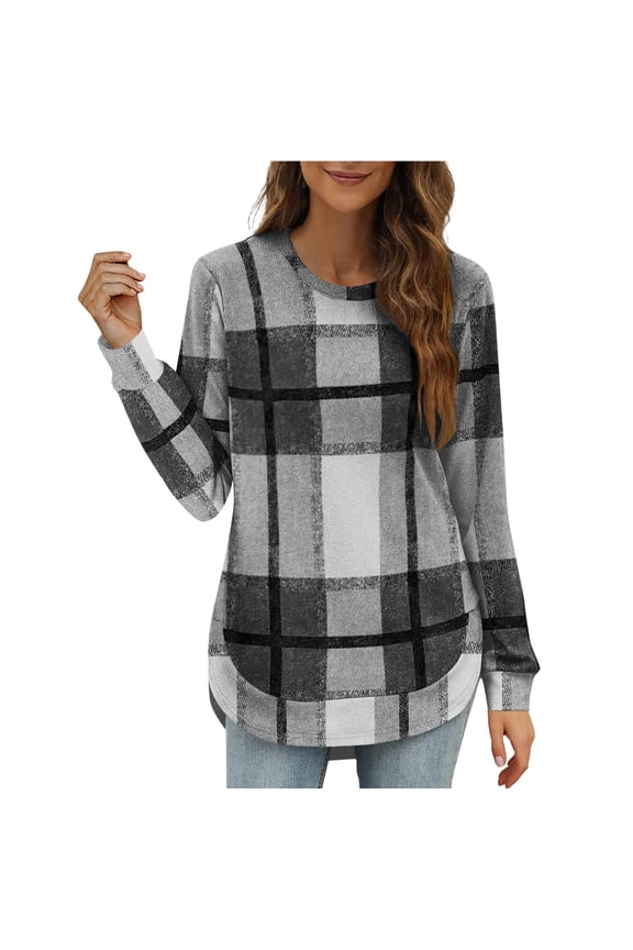 Womens Fall Fashion Plaid Print Tops Loose Fit Crewneck Long Sleeve Shirts Trendy Tunic Blouse for Women