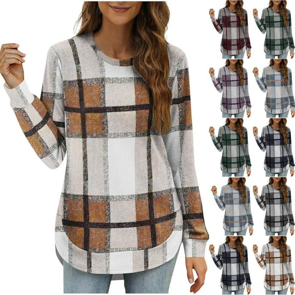 qucoqpe Womens Fall Fashion Plaid Print Tops Loose Fit Crewneck Long Sleeve Shirts Trendy Tunic Blouse for Women