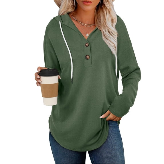 qucoqpe Womens Fall Winter Hoodies Sweatshirt Trendy Casual Long Sleeve Shirts Tops Loose Fit Buttons Collar Drawstring Pullover