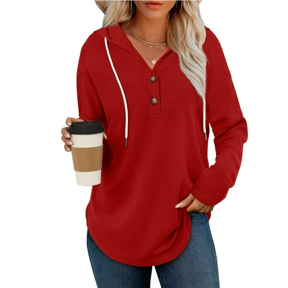 qucoqpe Womens Fall Winter Hoodies Sweatshirt Trendy Casual Long Sleeve Shirts Tops Loose Fit Buttons Collar Drawstring Pullover