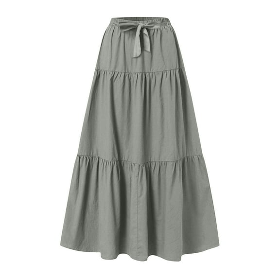 qucoqpe Womens Fashion Solid Color Maxi Skirt Elastic Waist Drawstring Ruffle Pleated Long Skirt Summer Casual Beach A Line Skirt