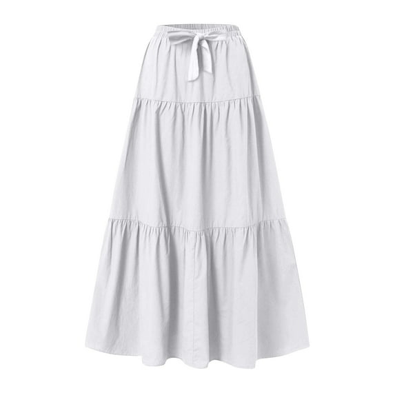 qucoqpe Womens Fashion Solid Color Maxi Skirt Elastic Waist Drawstring Ruffle Pleated Long Skirt Summer Casual Beach A Line Skirt