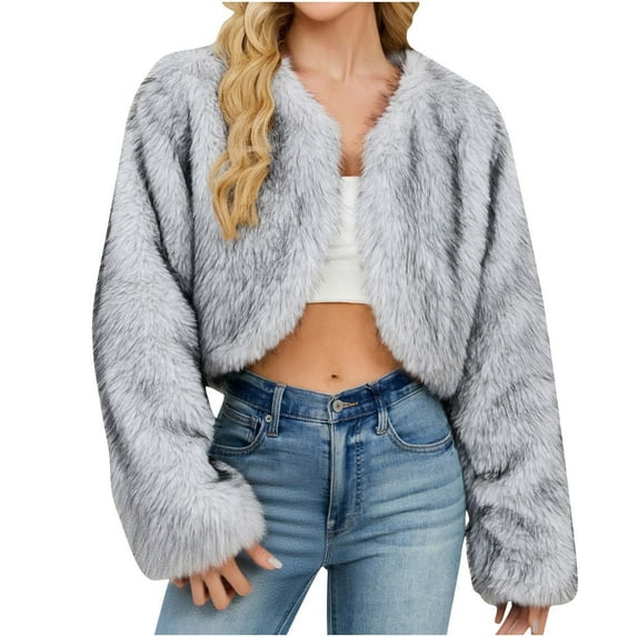 qucoqpe Womens Faux Furry Coat Trendy Cropped Open Front Jacket Winter Warm Fuzzy Outwear