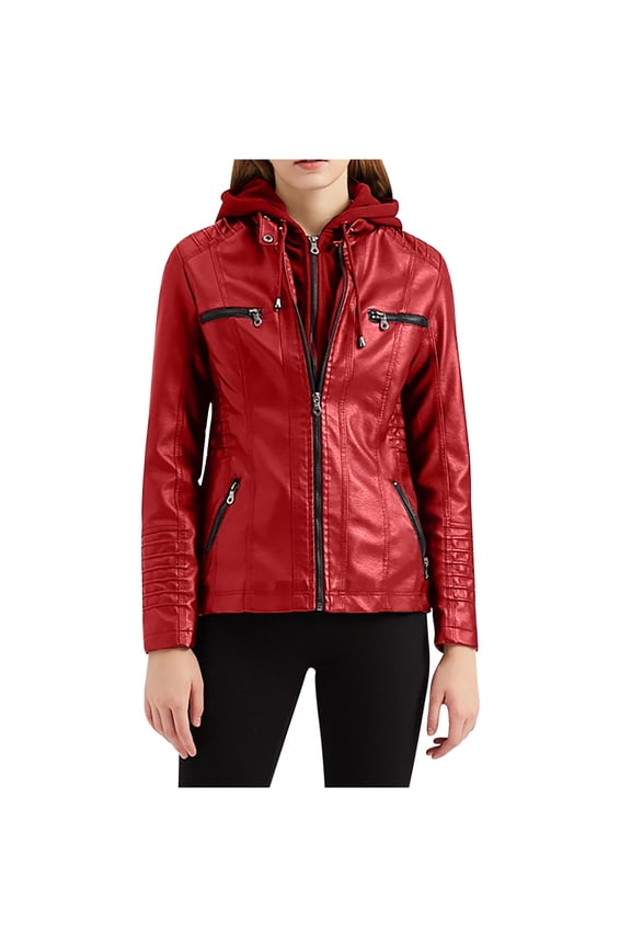 Womens Faux Leather Motorcycle Jacket with Hoodie