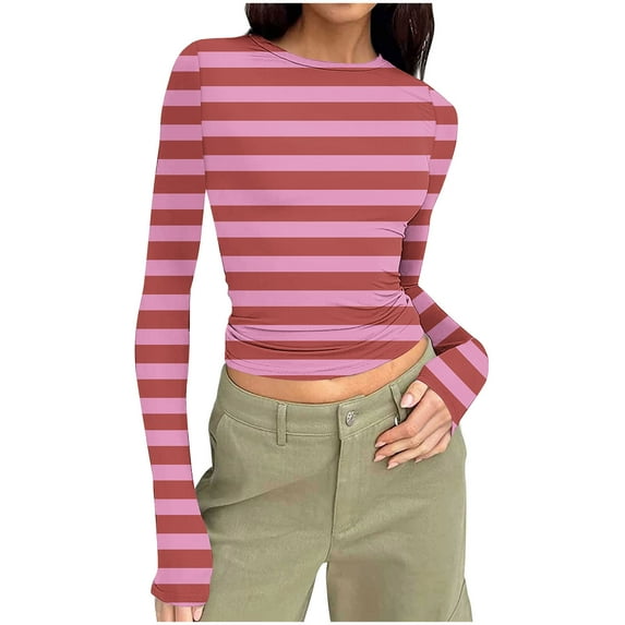 qucoqpe Womens Fitted Crop Tops Long Sleeve Crew Neck T-shirts Fashion Casual Striped Print Slim Shirts Base Blouses