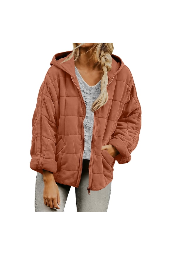 Womens Full Zip Quilted Puffer Coat Trendy Casual Oversized Padded Down Jackets with Pockets