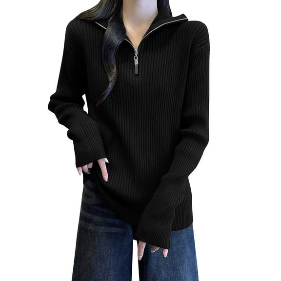 qucoqpe Womens Half-Zip Knit Sweaters Oversized Solid Pullover Cozy Fall Winter Long Sleeve Tops