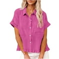 thumbnail image 1 of qucoqpe Womens Linen Shirts Button Down Cotton Lapel Short Sleeve Blouses Summer Fashion Ruffle Hem Tops for Women, 1 of 10