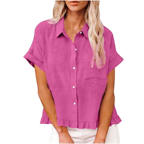 qucoqpe Womens Linen Shirts Button Down Cotton Lapel Short Sleeve Blouses Summer Fashion Ruffle Hem Tops for Women