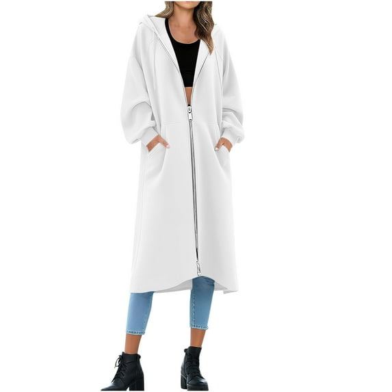 qucoqpe Womens Long Hooded Sweatshirt Jacket Stylish Two-Way Zip Front Windbreaker Coat for Fall and Winter