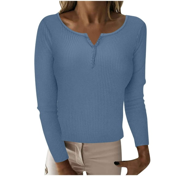 qucoqpe Womens Long Sleeve Base Sweater Lightweight Casual Buttons V Neck Breathable Stretch Pullover Sweater Fall Tops for Women