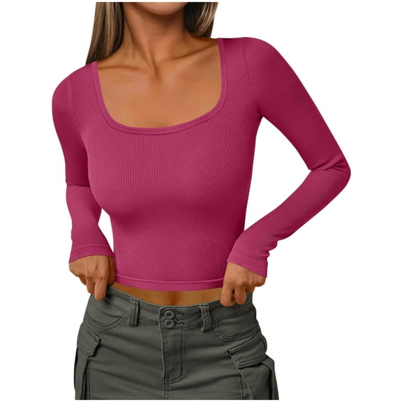 qucoqpe Womens Long Sleeve Crop Tops Fall Winter Square Neck Long Sleeve Ribbed Slim Fitted Casual Undershirts Blouse Soft Base Layer Sweaters Shirts