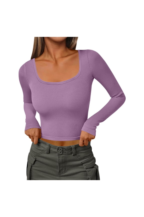 Womens Long Sleeve Crop Tops Fall Winter Square Neck Long Sleeve Ribbed Slim Fitted Casual Undershirts Blouse Soft Base Layer Sweaters Shirts