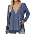 thumbnail image 1 of qucoqpe Womens Long Sleeve Tops Pullover Casual Solid Loose Fit Lace V-Neck Contrast Split Tunics, 1 of 5