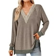 thumbnail image 1 of qucoqpe Womens Long Sleeve Tops Pullover Casual Solid Loose Fit Lace V-Neck Contrast Split Tunics, 1 of 5