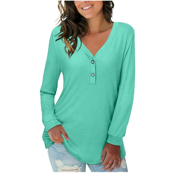 qucoqpe Womens Long Sleeve Tops Pullover with Buttons Down Casual Solid Loose Fit V-Neck Tunics