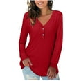 thumbnail image 1 of qucoqpe Womens Long Sleeve Tops Pullover with Buttons Down Casual Solid Loose Fit V-Neck Tunics, 1 of 1