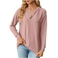 thumbnail image 1 of qucoqpe Womens Long Sleeve Tops with Buttons Down Pullover Casual Solid Loose Fit V-Neck Tunic Blouse, 1 of 5