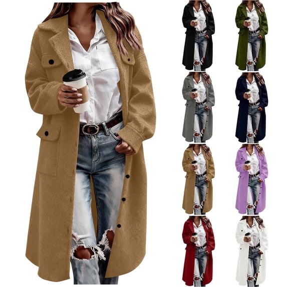 qucoqpe Womens Long Wool Pea Coat Notch Lapel Single Breasted Trench Coat Fall Winter Clothing for Women