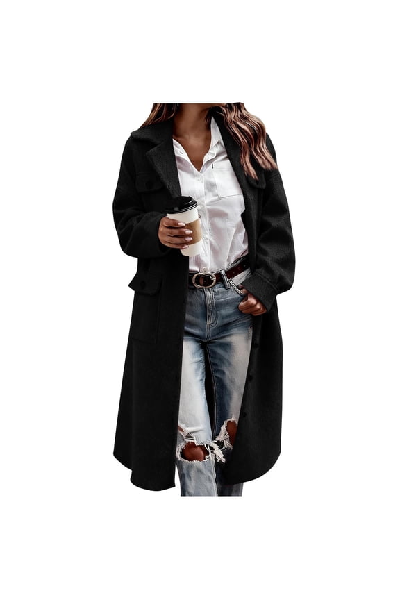 Womens Long Wool Pea Coat Notch Lapel Single Breasted Trench Coat Fall Winter Clothing for Women