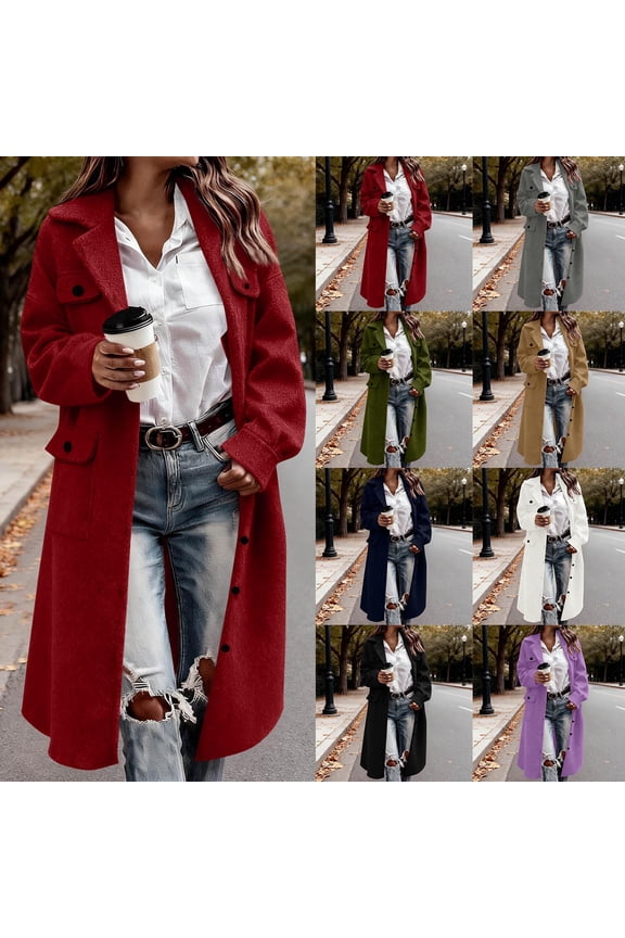 Womens Long Wool Pea Coat Notch Lapel Single Breasted Trench Coat Fall Winter Clothing for Women
