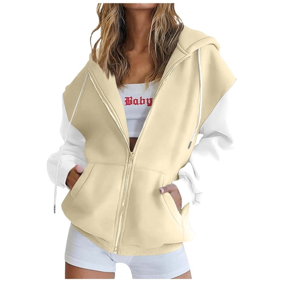 qucoqpe Womens Loose Fit Zip-Up Hoodie Jacket Casual Color-Block Long Sleeve Drawstring Open Front Sweatshirt with Pockets Beige L
