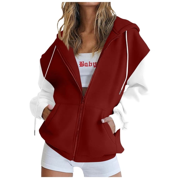 qucoqpe Womens Loose Fit Zip-Up Hoodie Jacket Casual Color-Block Long Sleeve Drawstring Open Front Sweatshirt with Pockets Wine S